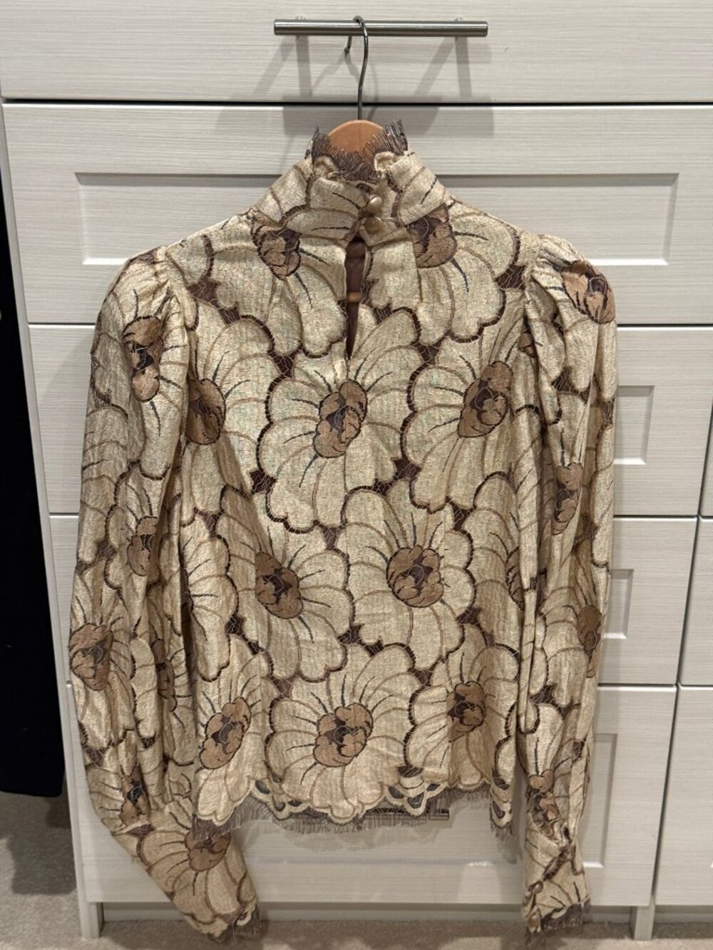 Anna Mason Floral Lace Mock Neck Blouse Size 10 100% Silk Made in England